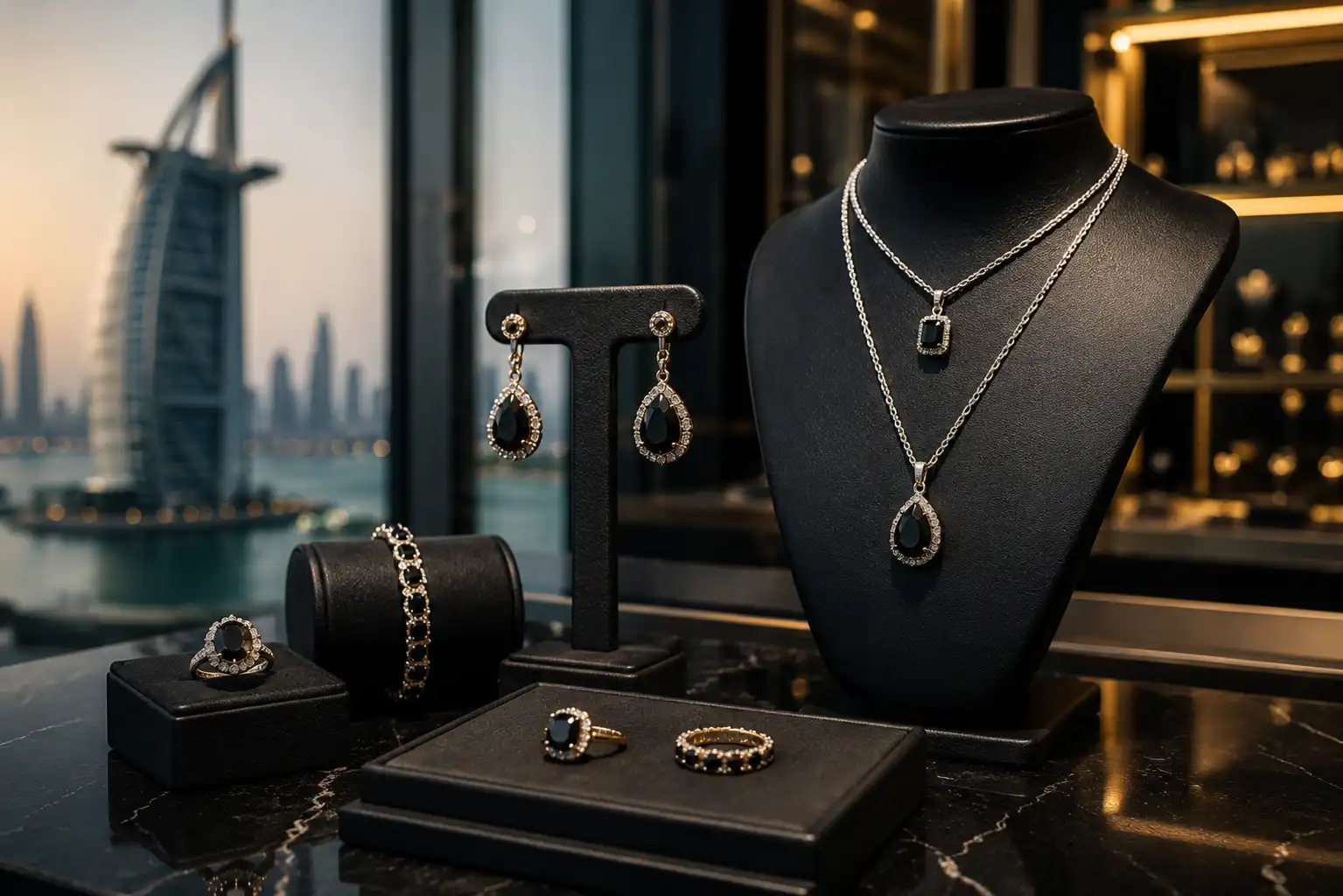 Luxury black diamond jewelry collection displayed in a Dubai jewelry boutique