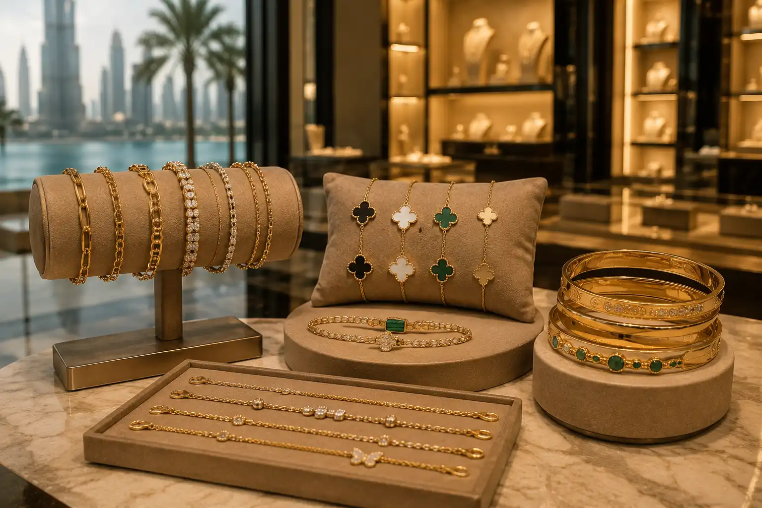 Luxury bracelet collections displayed in a premium Dubai jewelry boutique