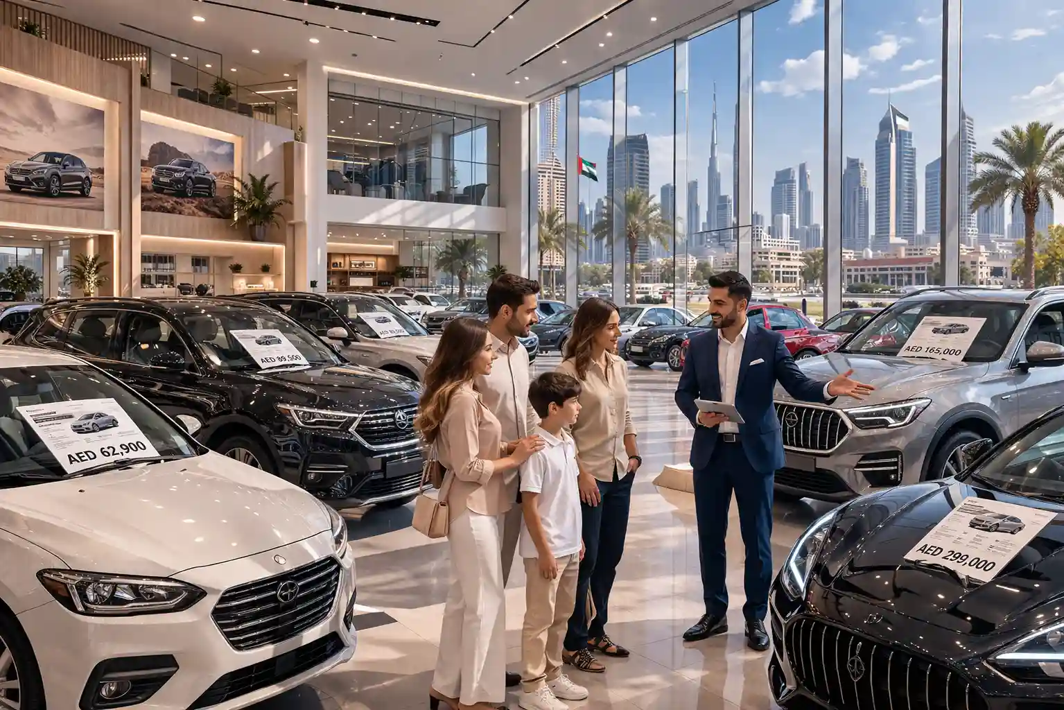 Car showroom in UAE with different priced vehicles on display