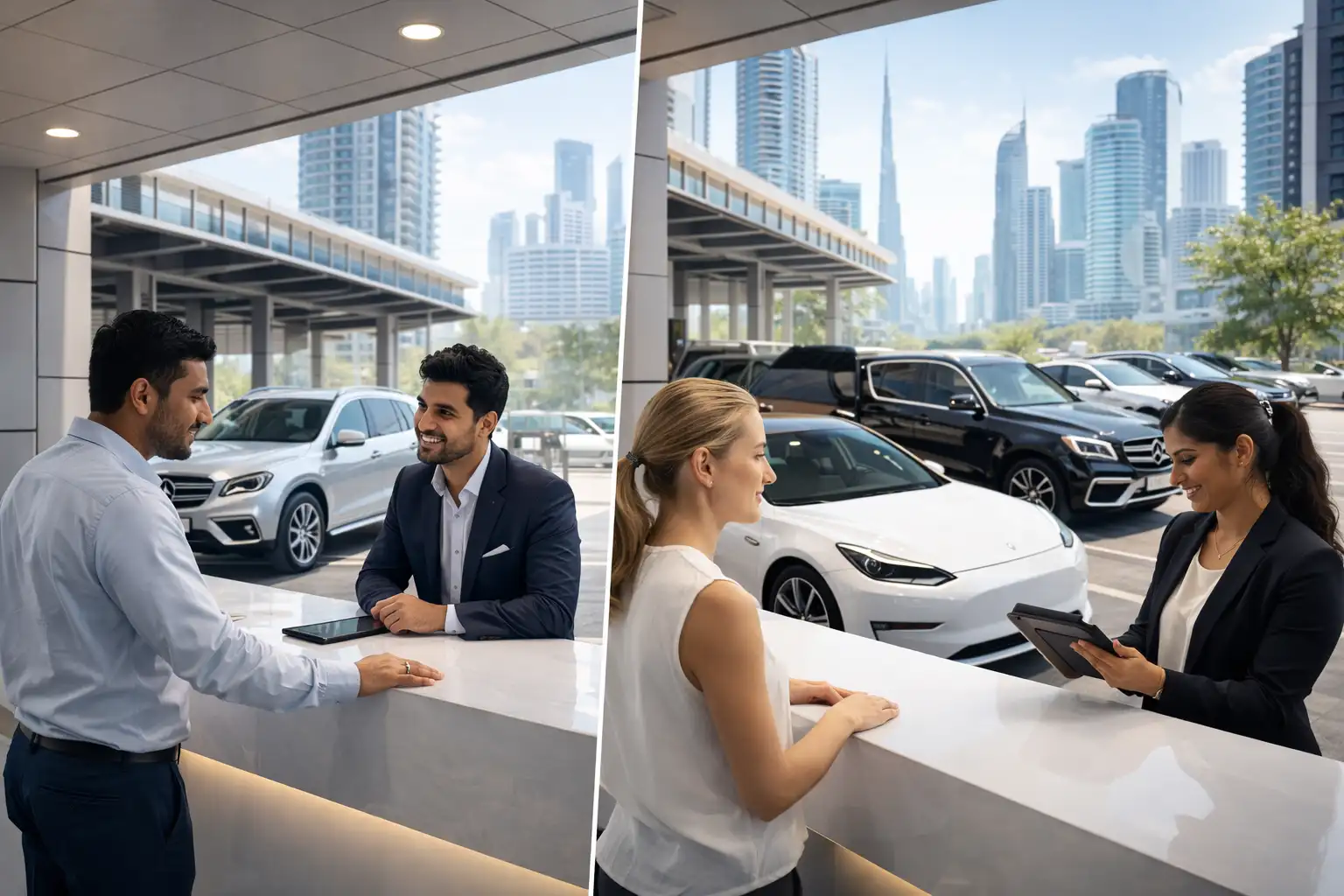 Car rental office in Dubai with multiple vehicles and customers