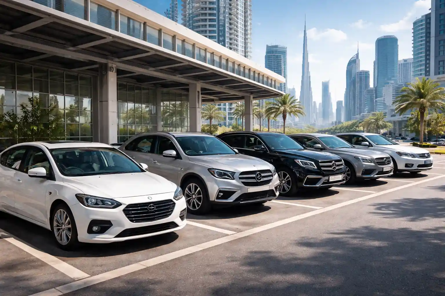 Car rental fleet in Dubai with various vehicle types and skyline