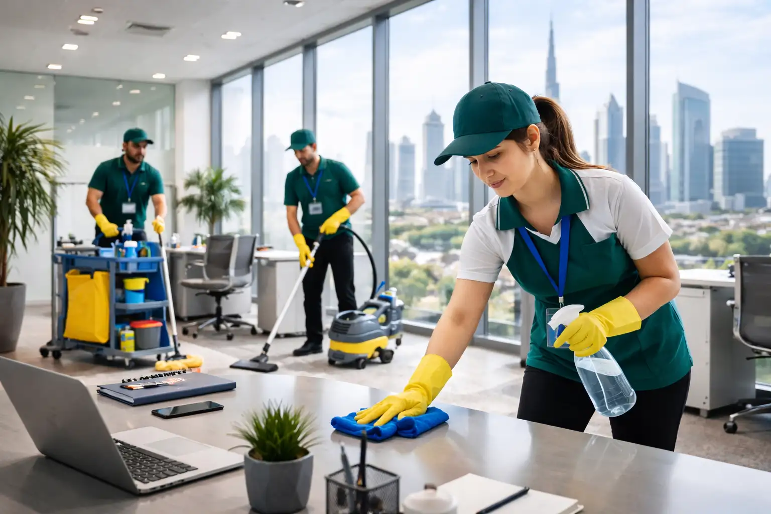 Professional cleaning team working in modern Dubai office