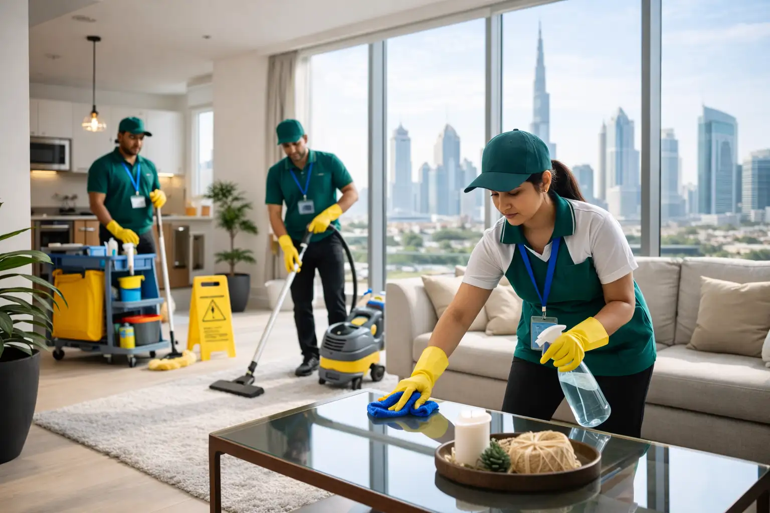 Professional cleaners working in modern UAE apartment