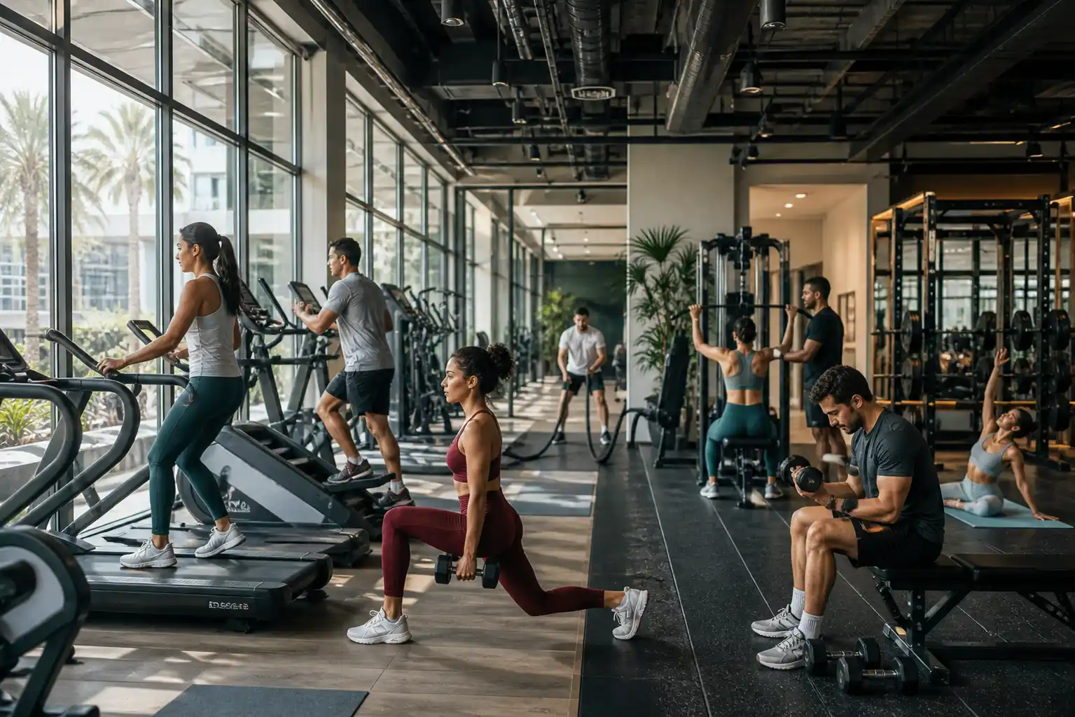 people performing different fitness exercises in a modern gym representing components of physical fitness