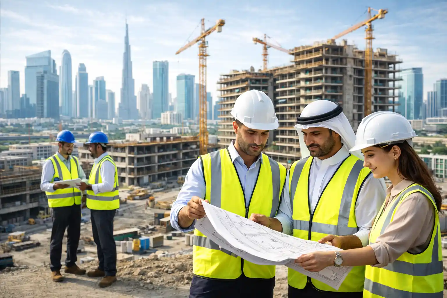Construction team in UAE reviewing building plans on site