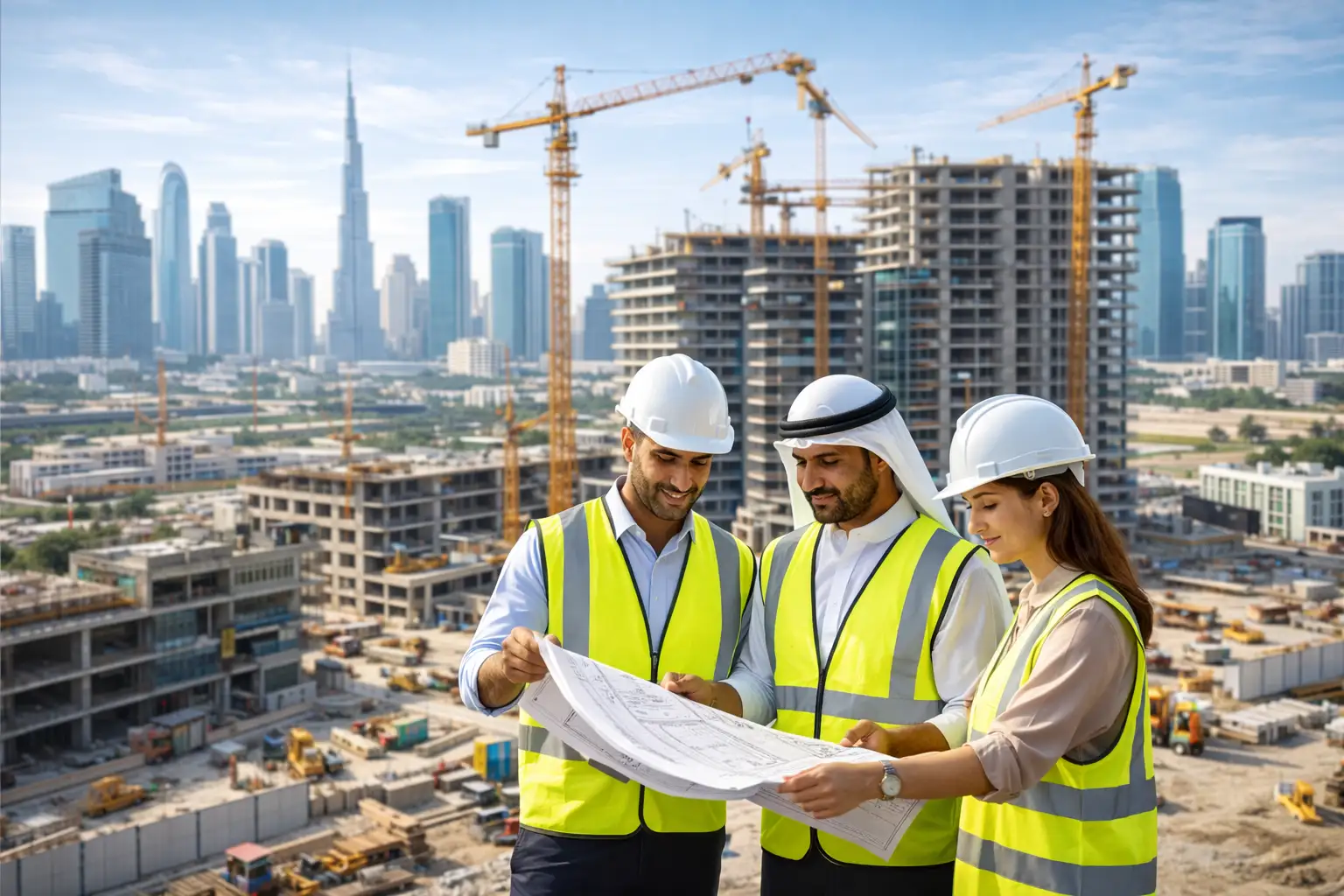 Large construction site in UAE with cranes and skyscrapers