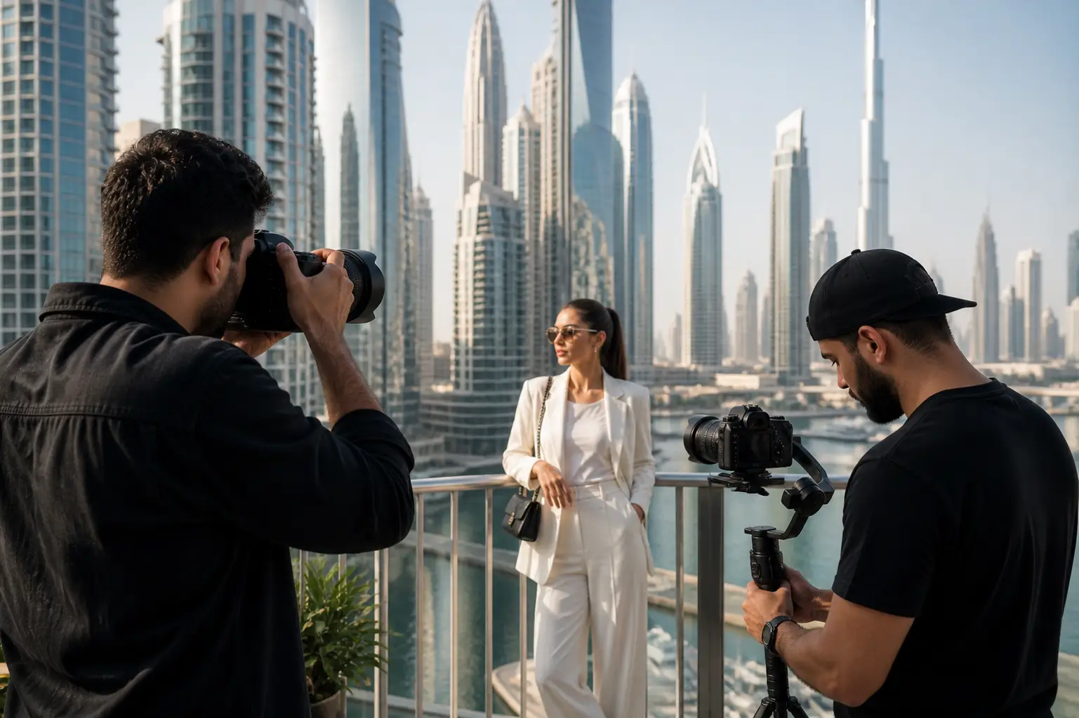 Photographer and videographer creating brand content in UAE city environment