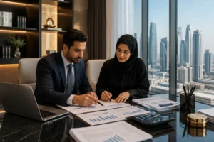Business professionals reviewing corporate tax documents in a Dubai office