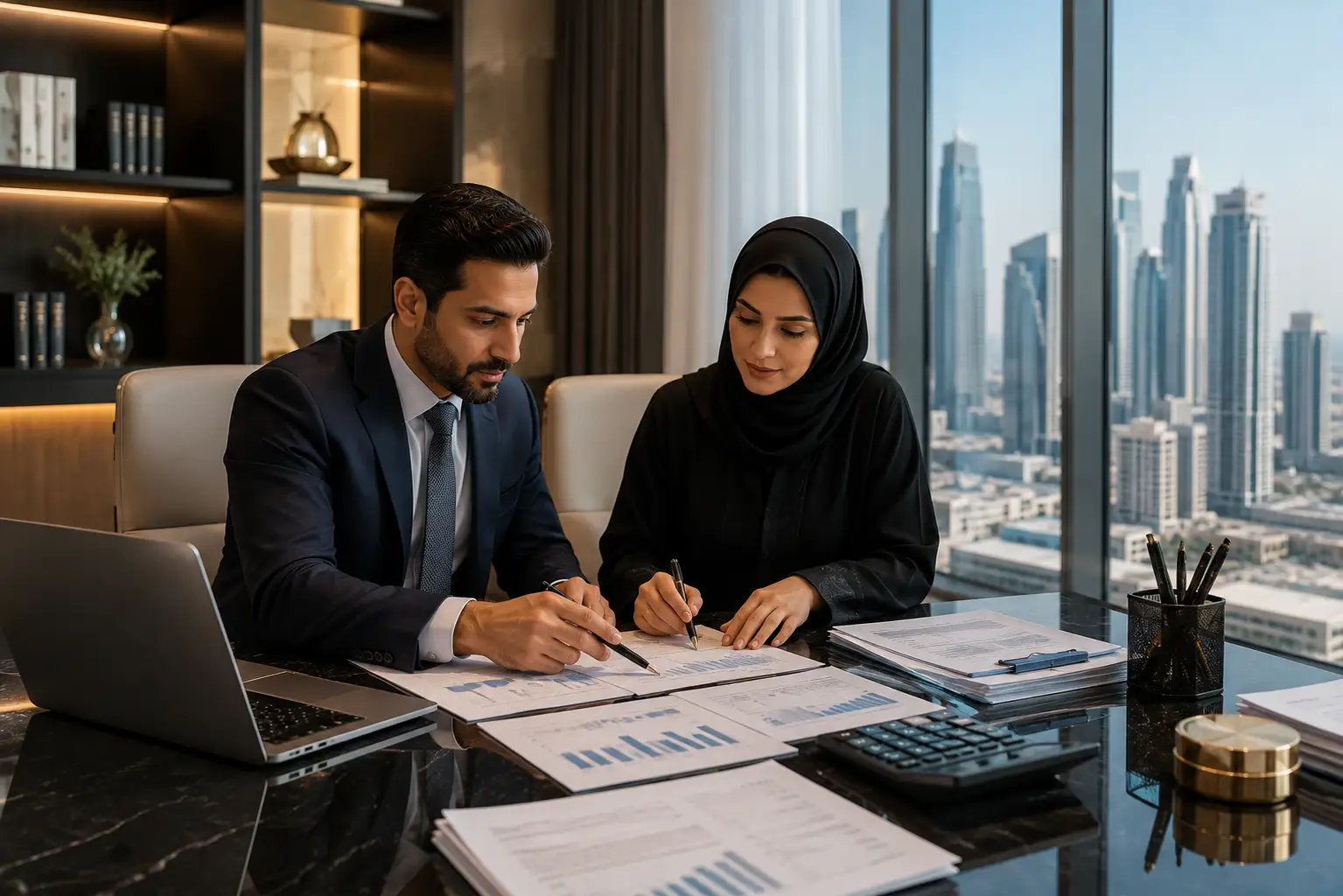 Business professionals reviewing corporate tax documents in a Dubai office