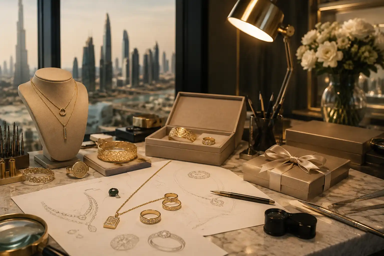 Personalized custom jewelry designs displayed in a luxury Dubai jewelry studio