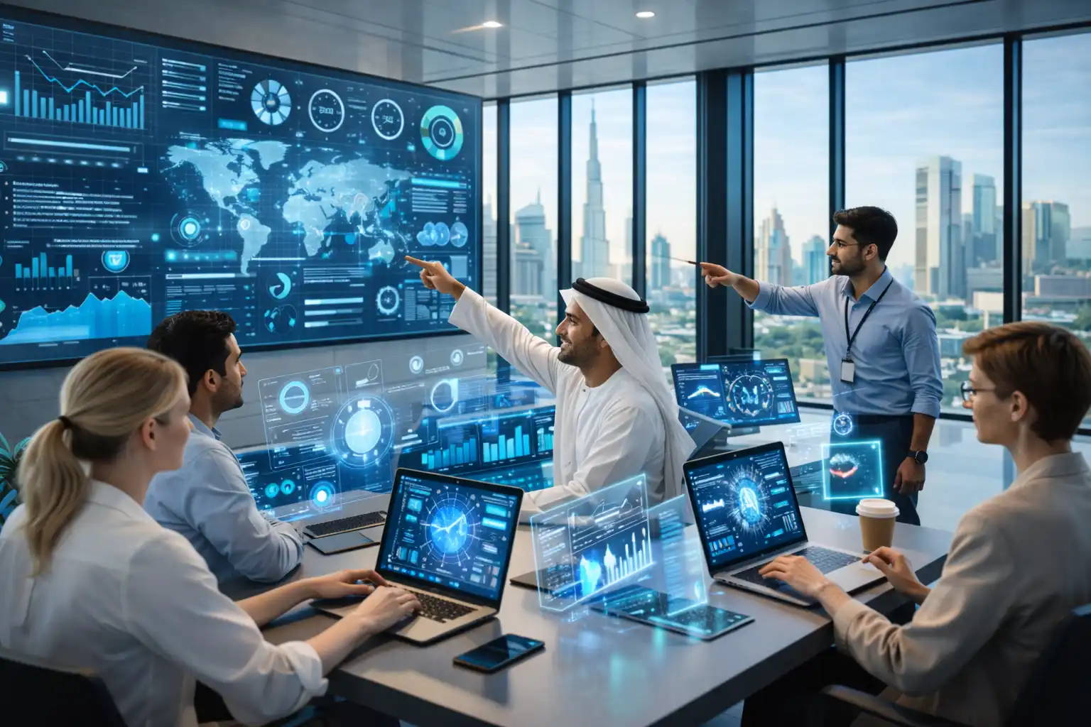 UAE business professionals using digital technology and dashboards