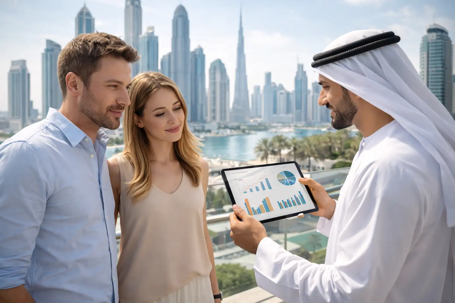 Dubai skyline with buyers analyzing real estate market trends