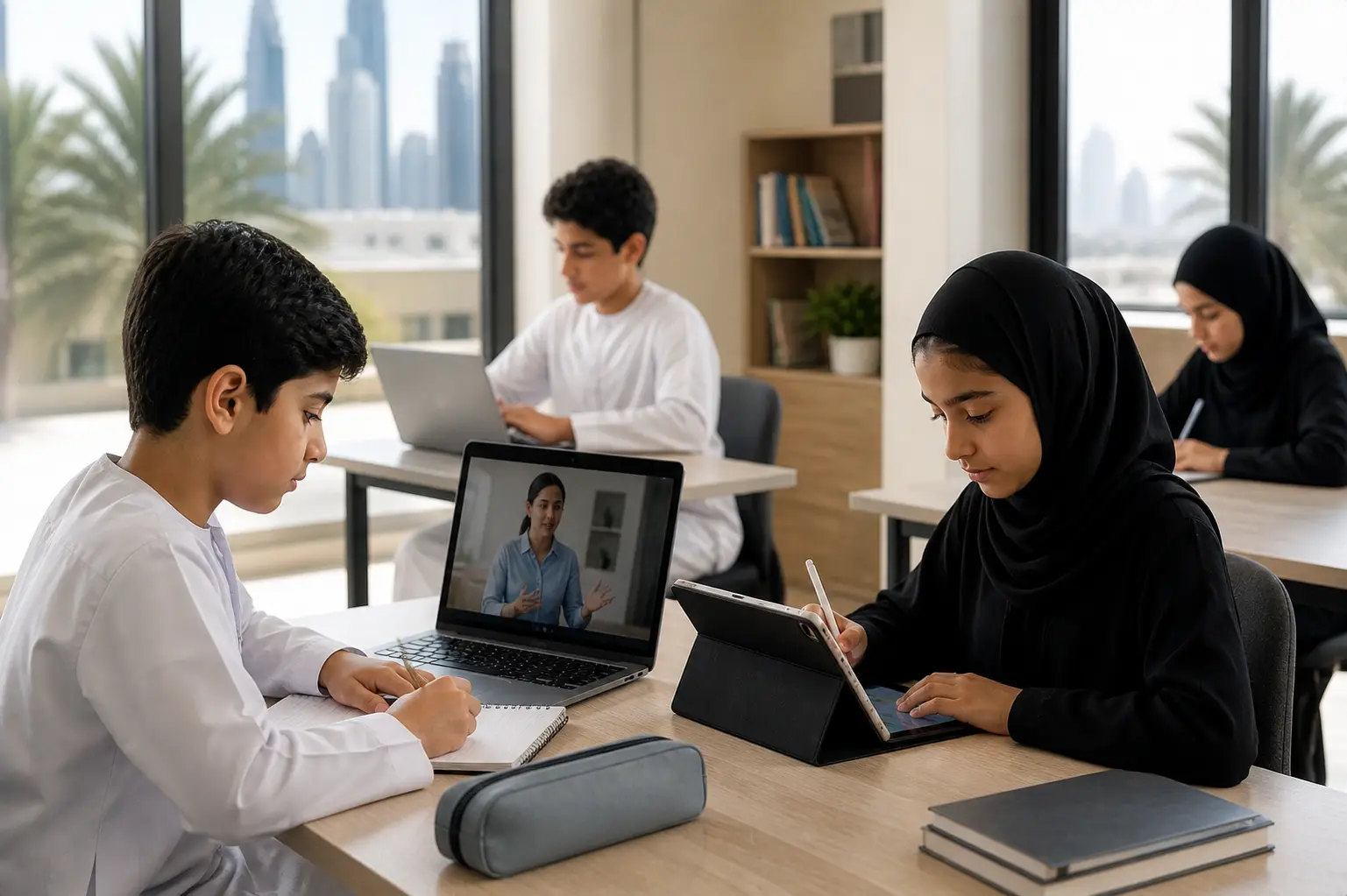 Students in UAE using digital devices for e-learning and online education