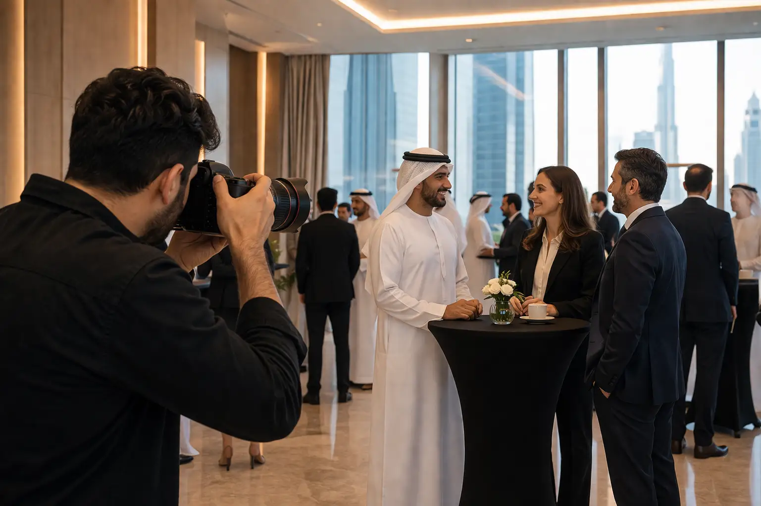 Photographer capturing corporate event in UAE with attendees and modern venue