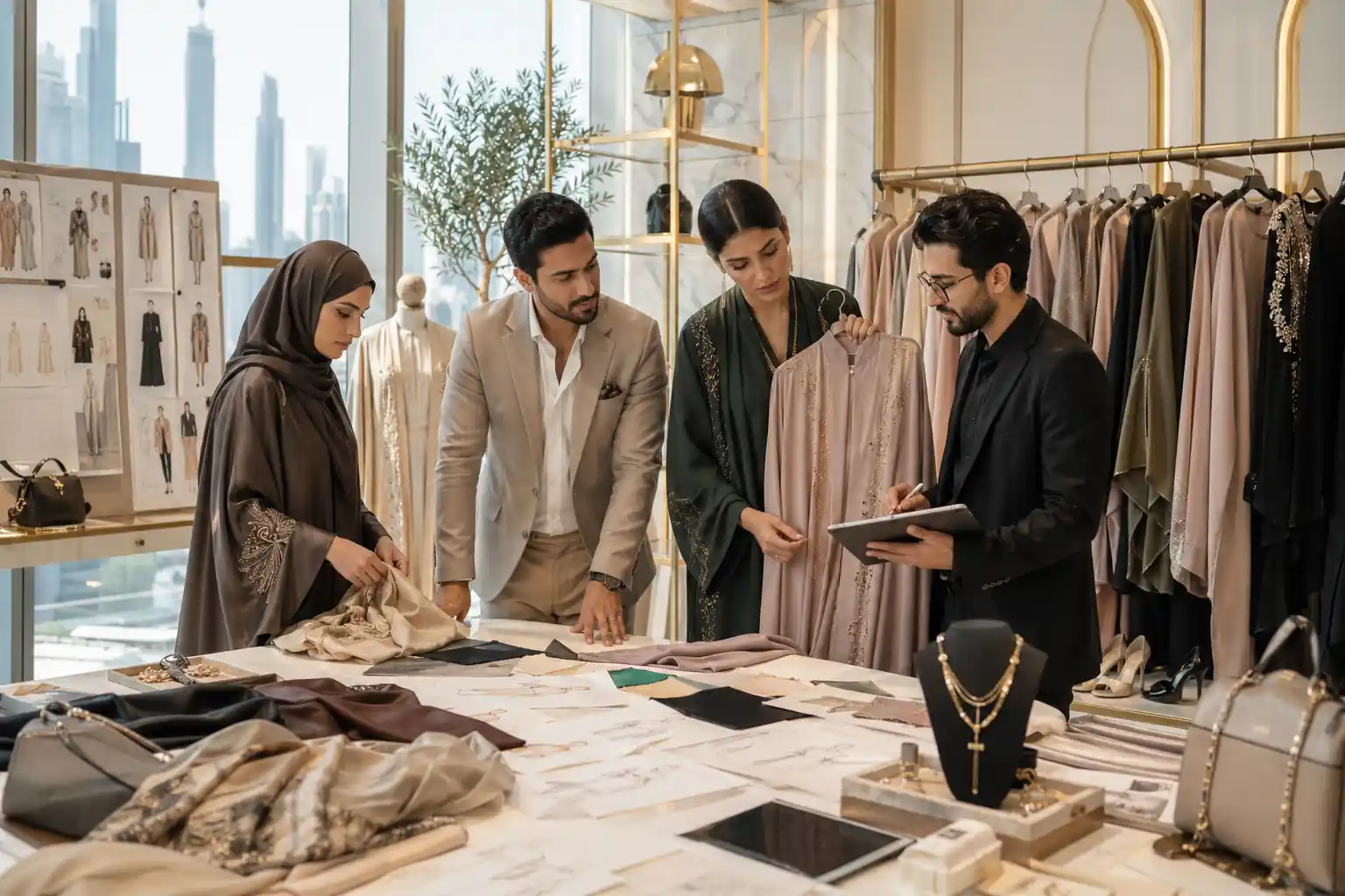 Modern UAE fashion industry scene with designer clothing, boutique showroom, accessories, and fashion business professionals