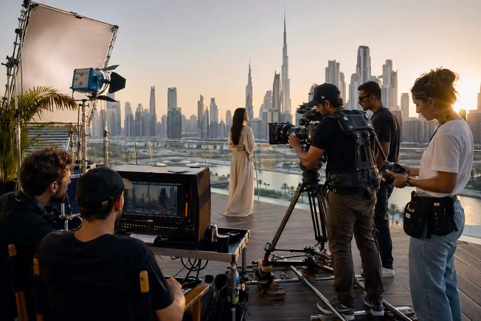 Professional UAE film production scene with cinema camera crew, director monitor, lights, and modern Dubai backdrop