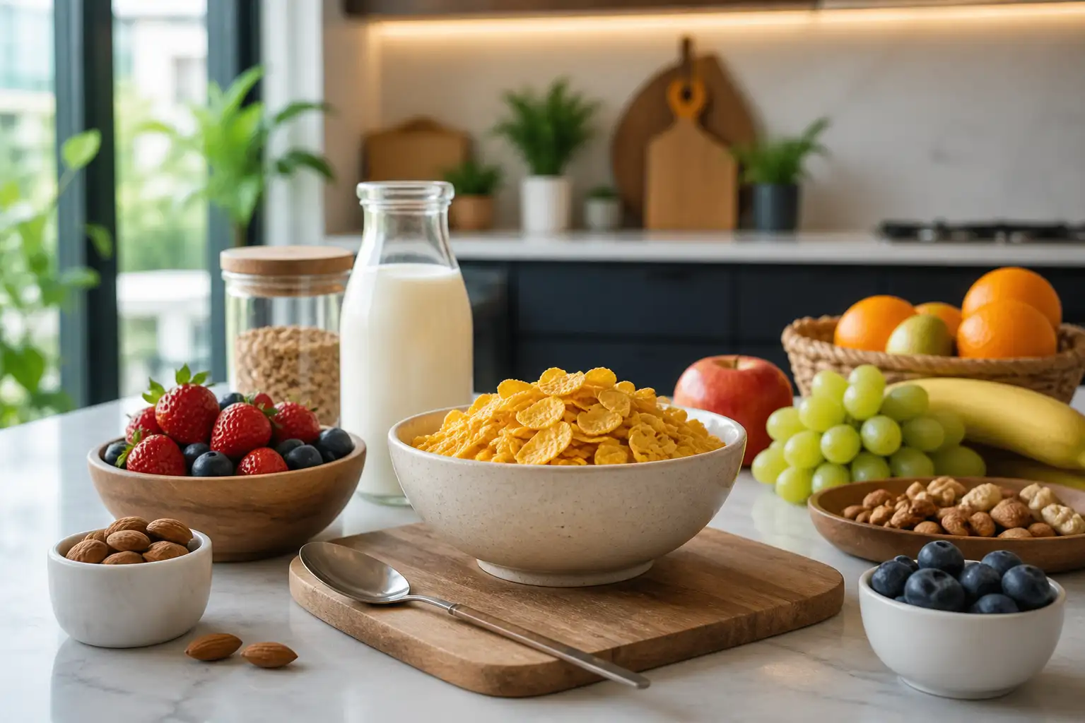 bowl of corn flakes with milk fruits and nuts representing fitness breakfast