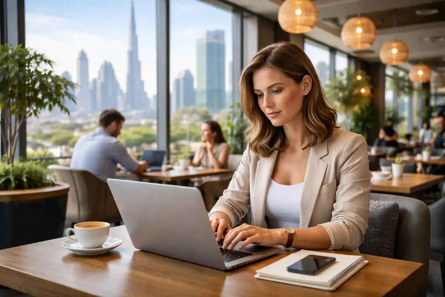 Freelancer working in Dubai café with modern city background
