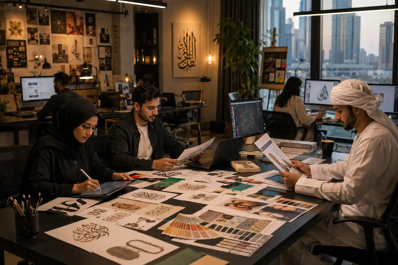 Graphic designers creating modern branding visuals in the UAE
