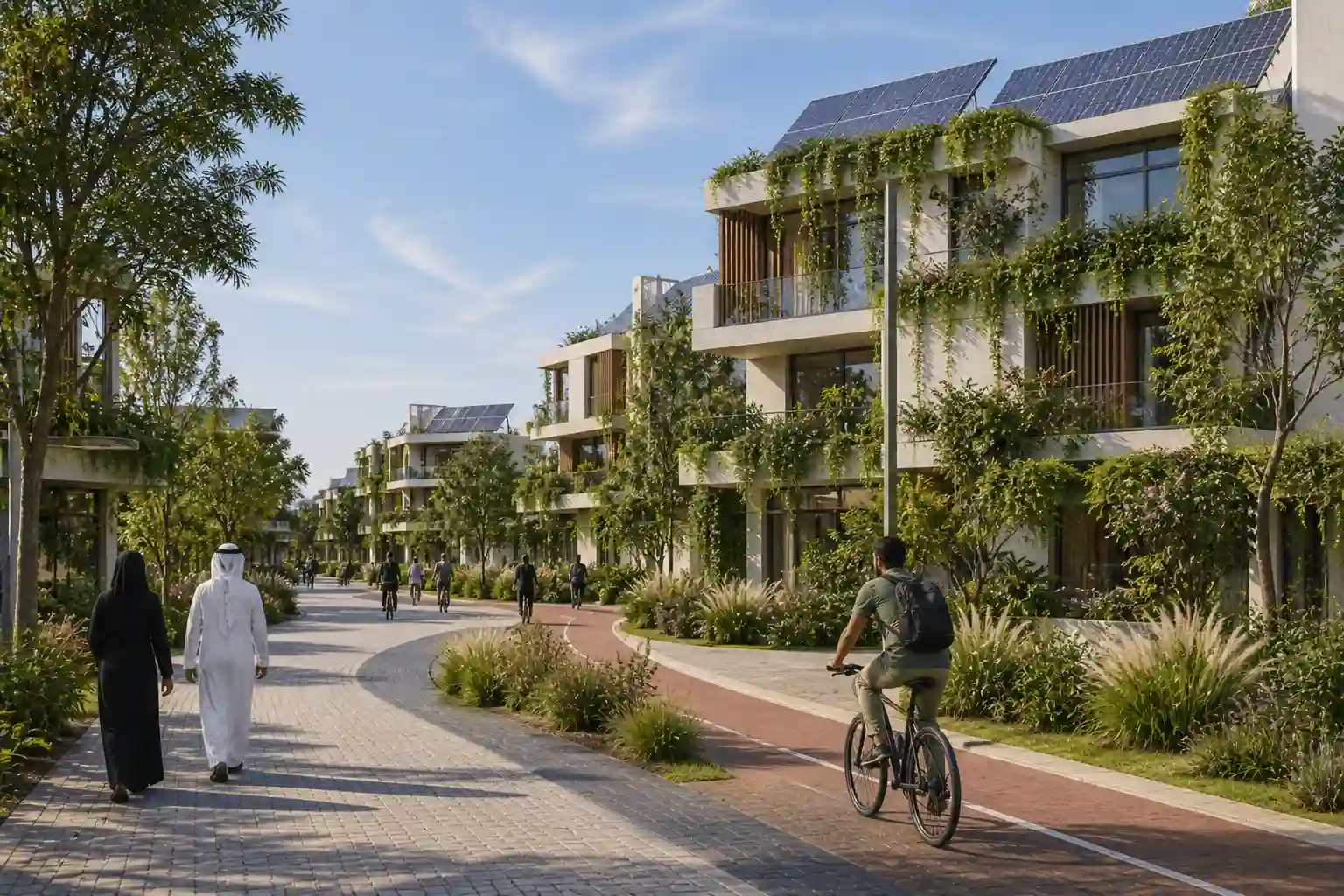 eco friendly residential community in Dubai with green buildings and solar panels