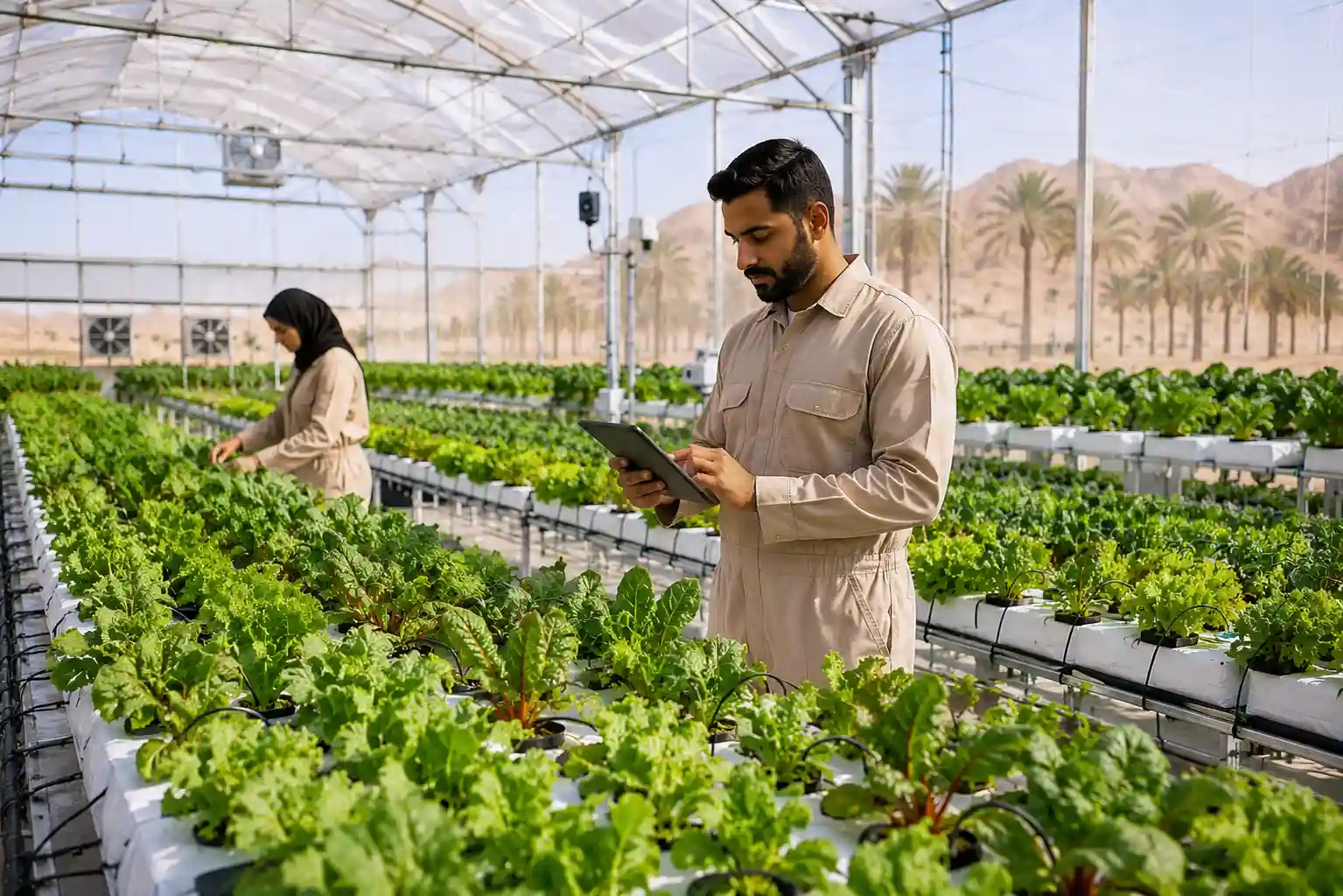 Modern greenhouse farming system in UAE with climate-controlled agriculture