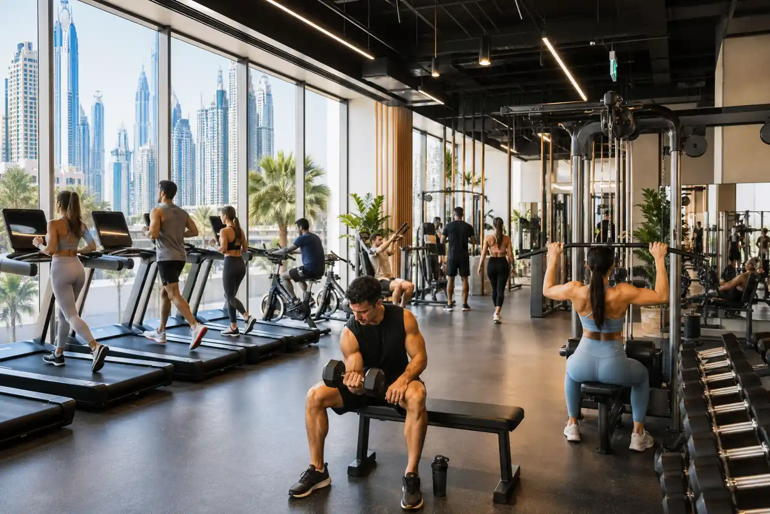 modern gym in Discovery Gardens Dubai with people working out on equipment