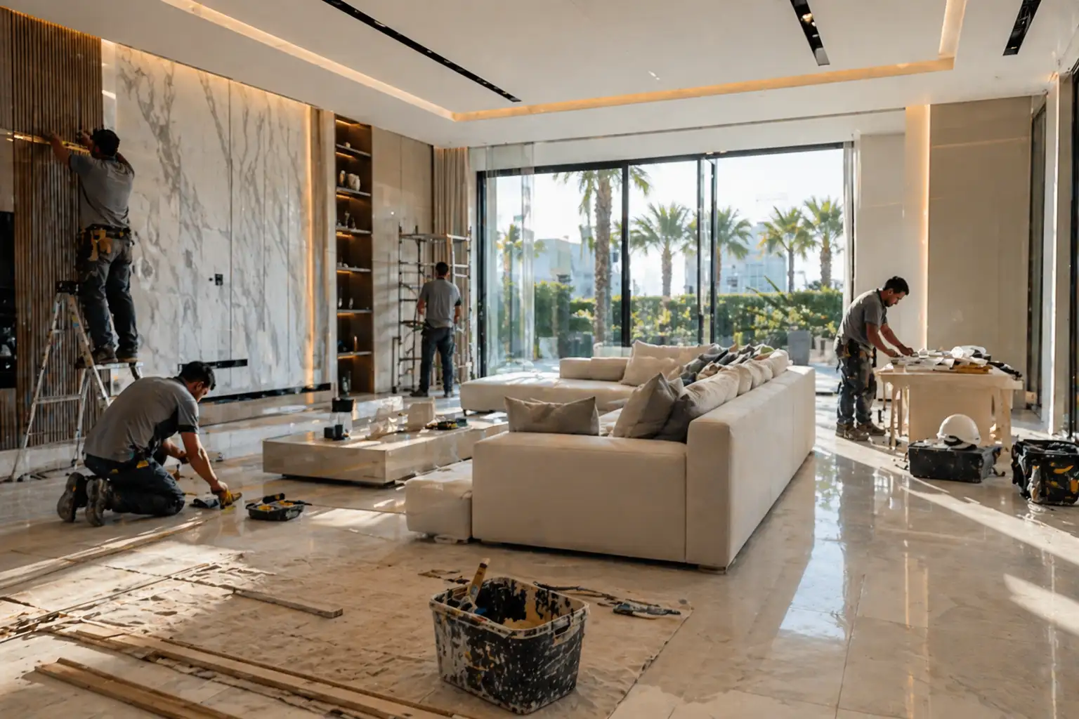 Modern home renovation project in UAE with workers upgrading interior space