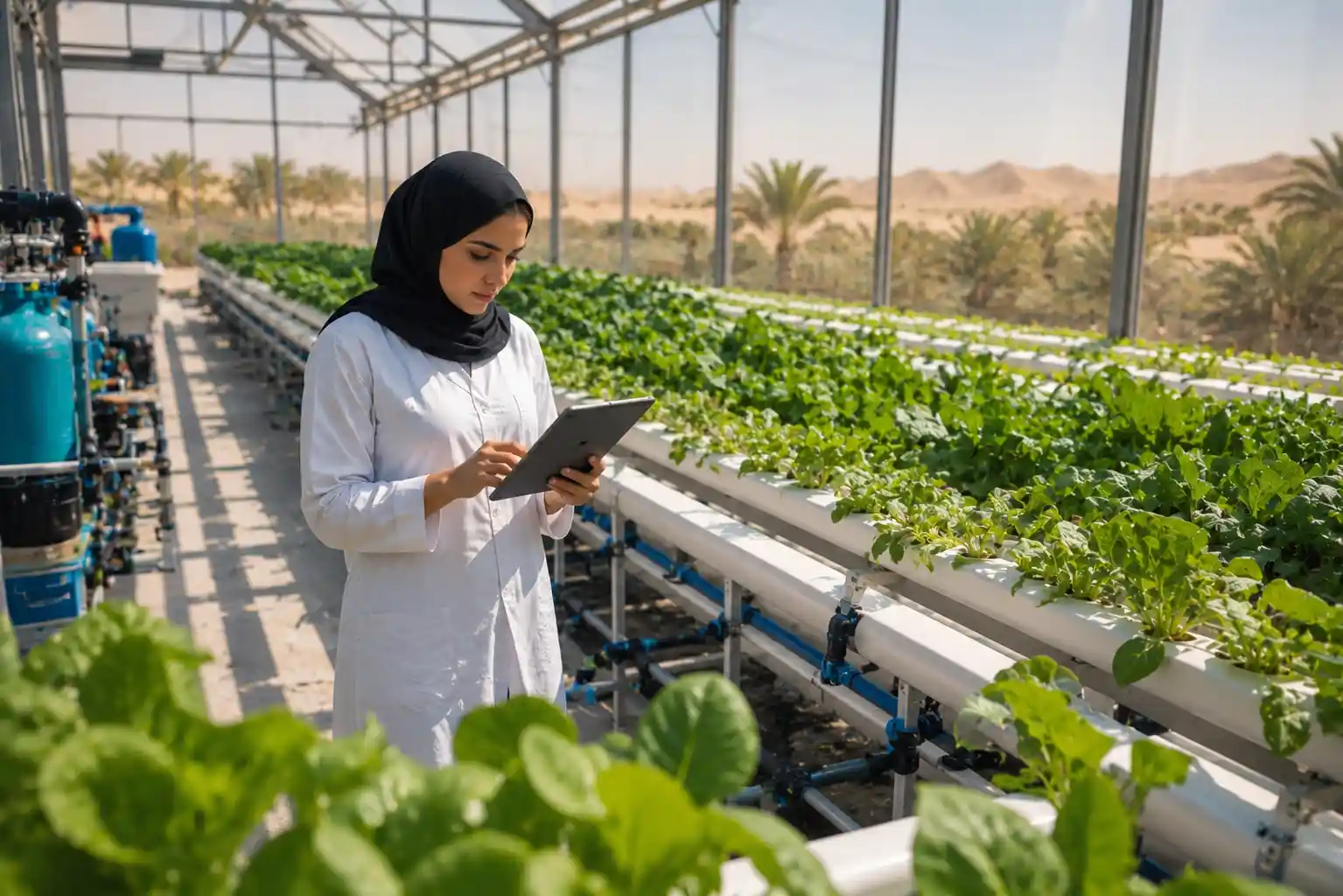 Hydroponic farming system inside a modern UAE greenhouse facility
