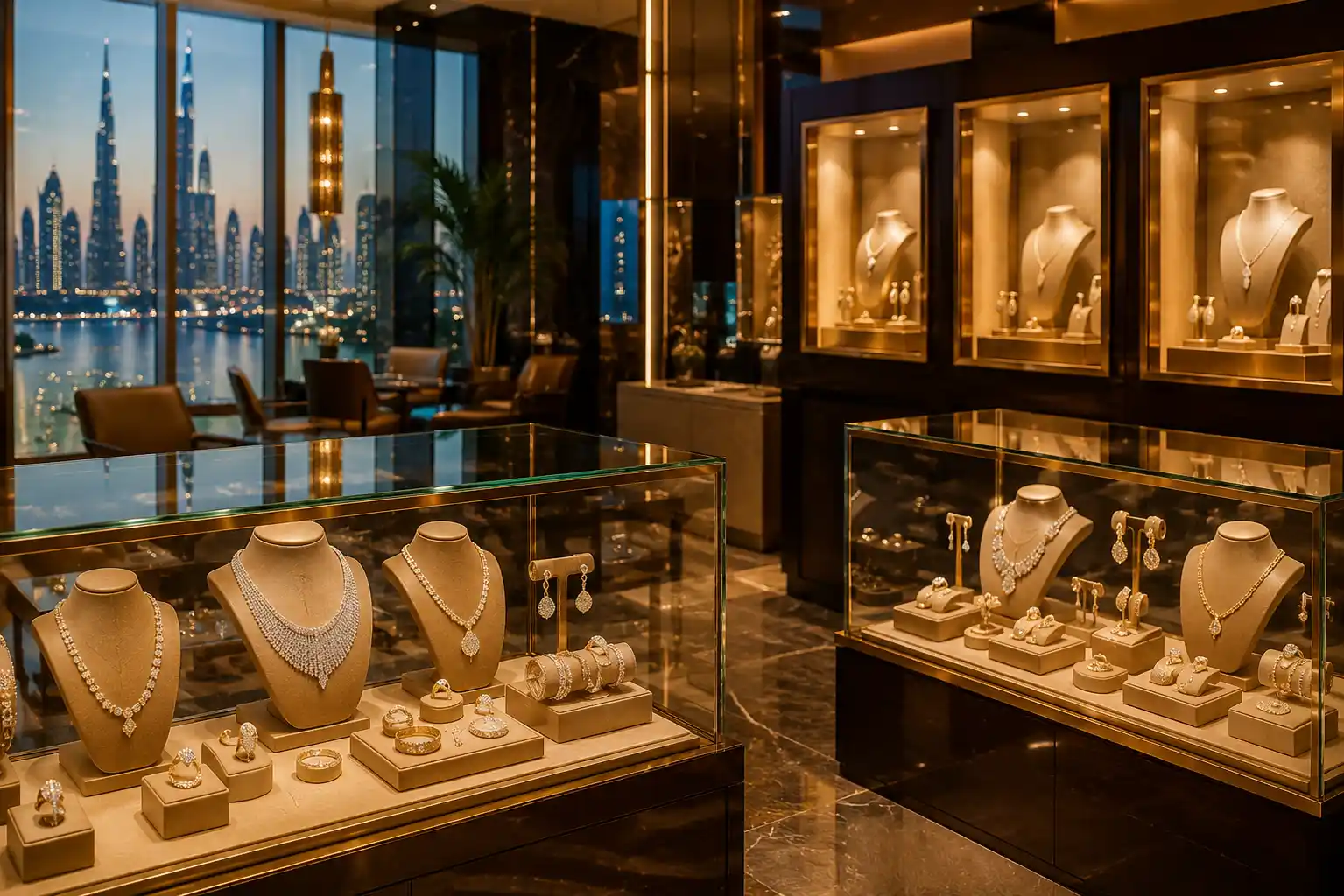 Luxury jewellery collections displayed in a premium Dubai jewelry boutique