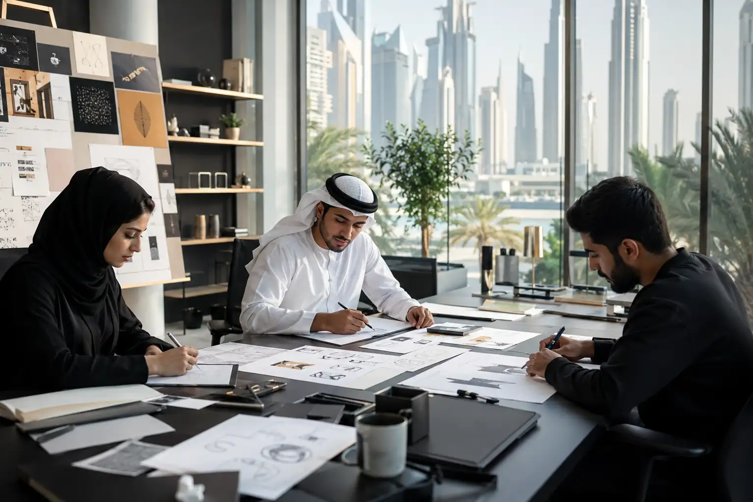 Designers creating startup branding and logo concepts in the UAE