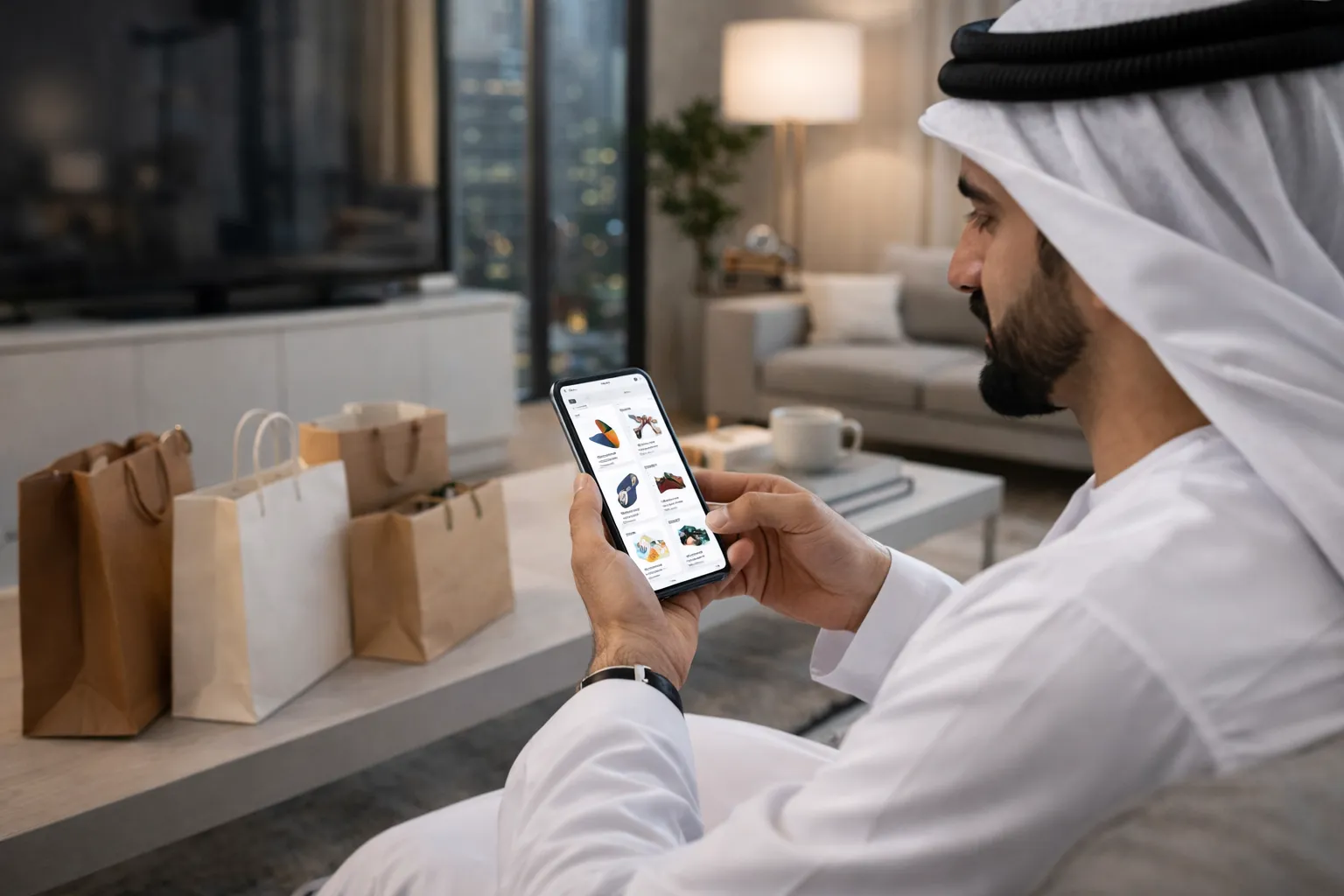 UAE consumer shopping online using smartphone in modern home setting
