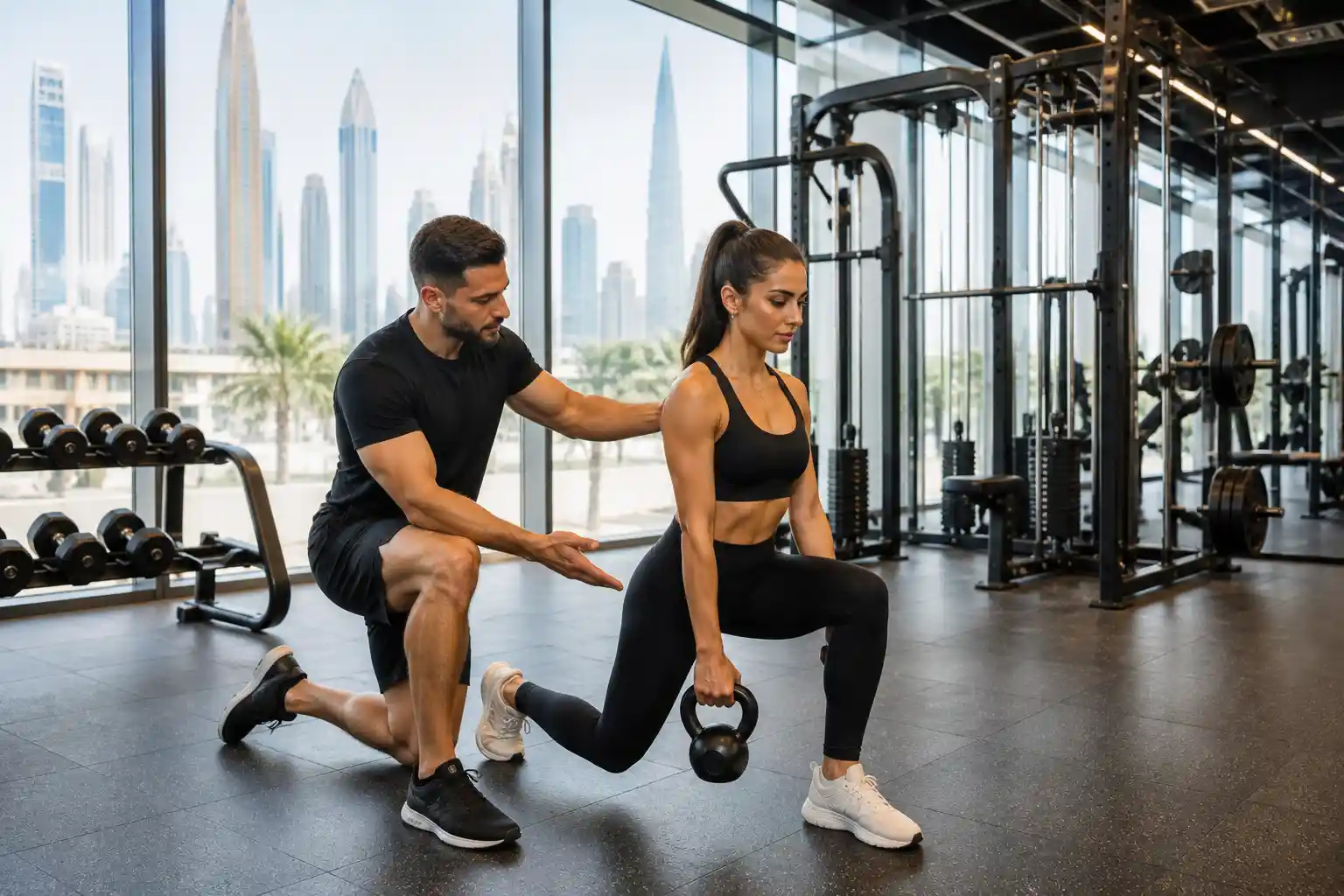 personal trainer assisting client during workout in Dubai gym