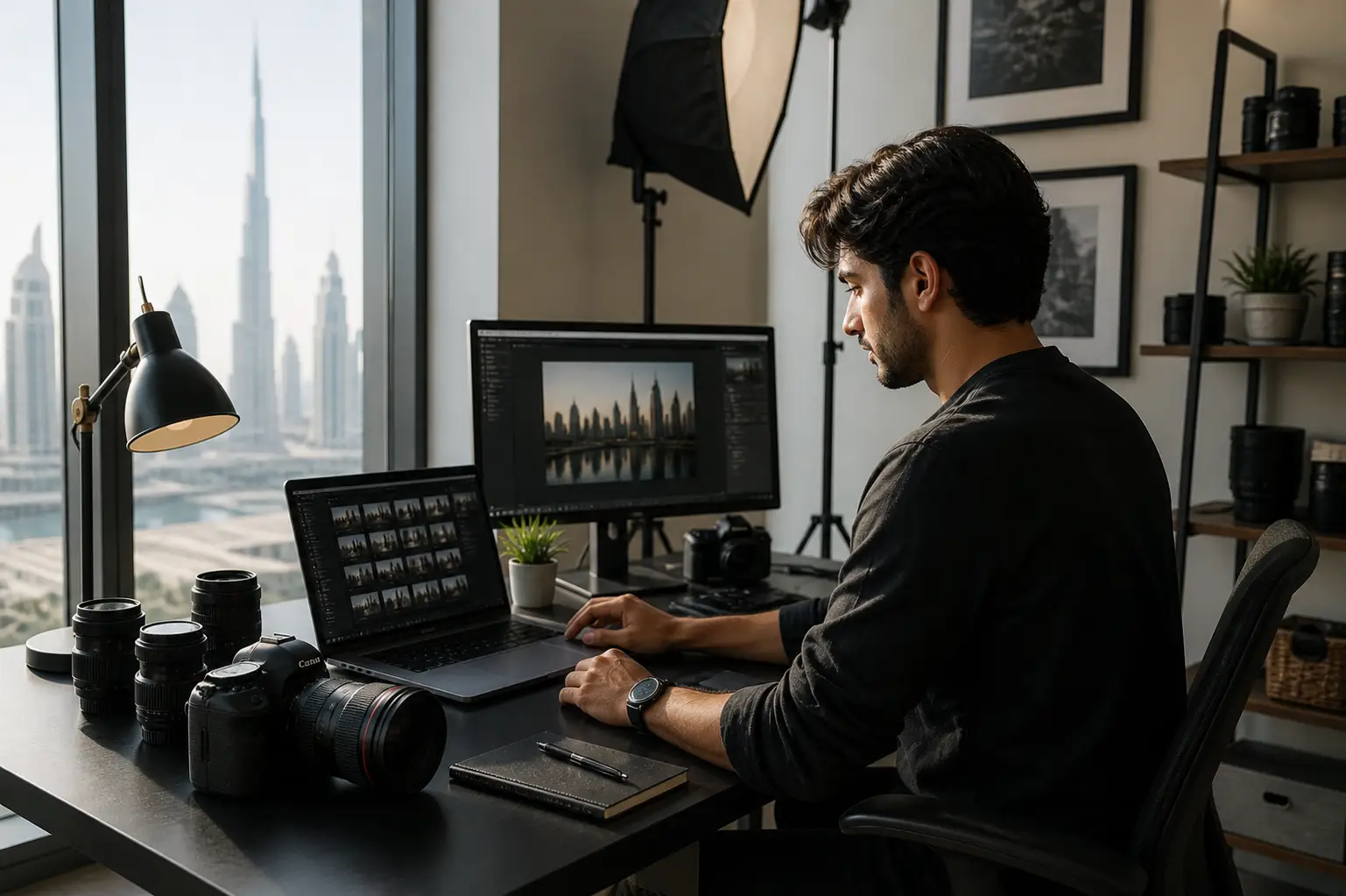 Photographer managing business workspace with camera equipment and laptop in UAE