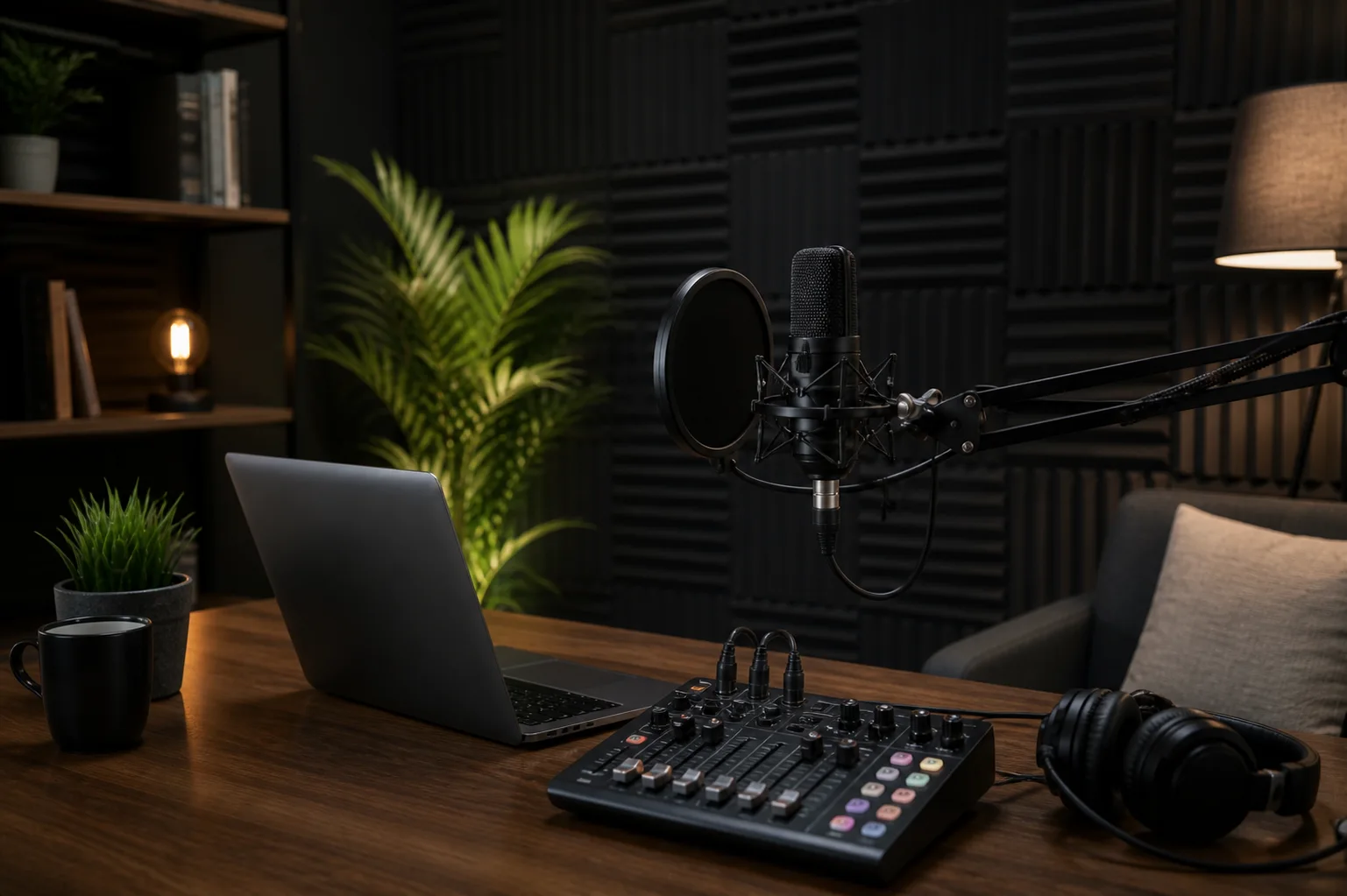 Podcast recording setup with microphone and soundproof background in studio