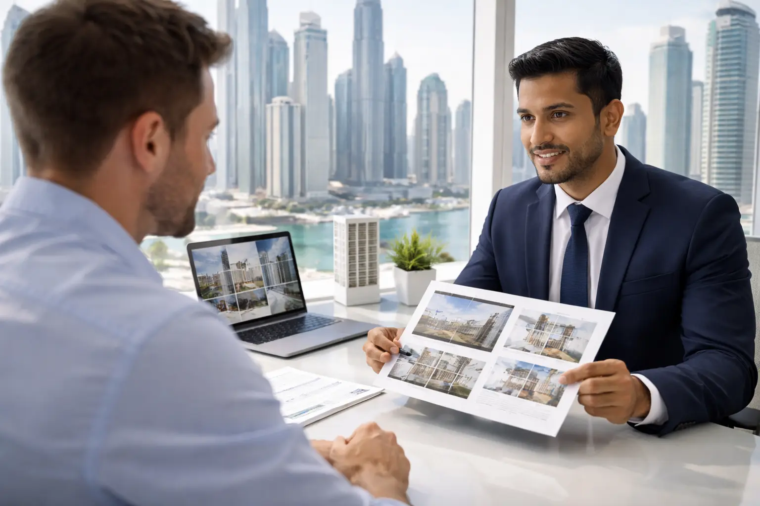 Real estate agent in Dubai assisting client with property selection