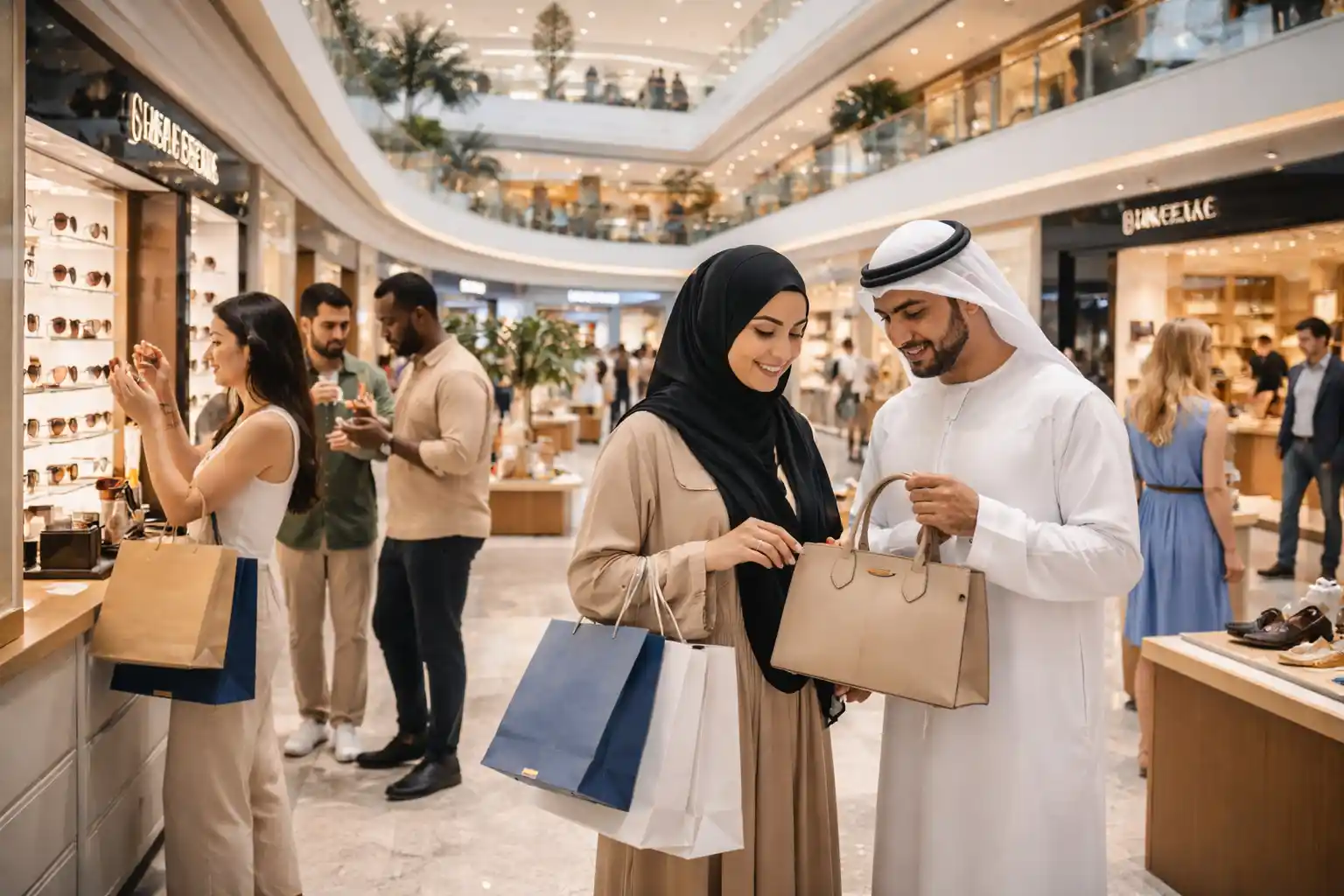 modern retail shopping mall UAE customers browsing stores