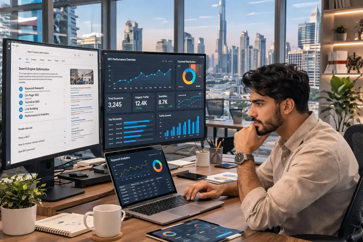 SEO specialist analyzing Google rankings in UAE office