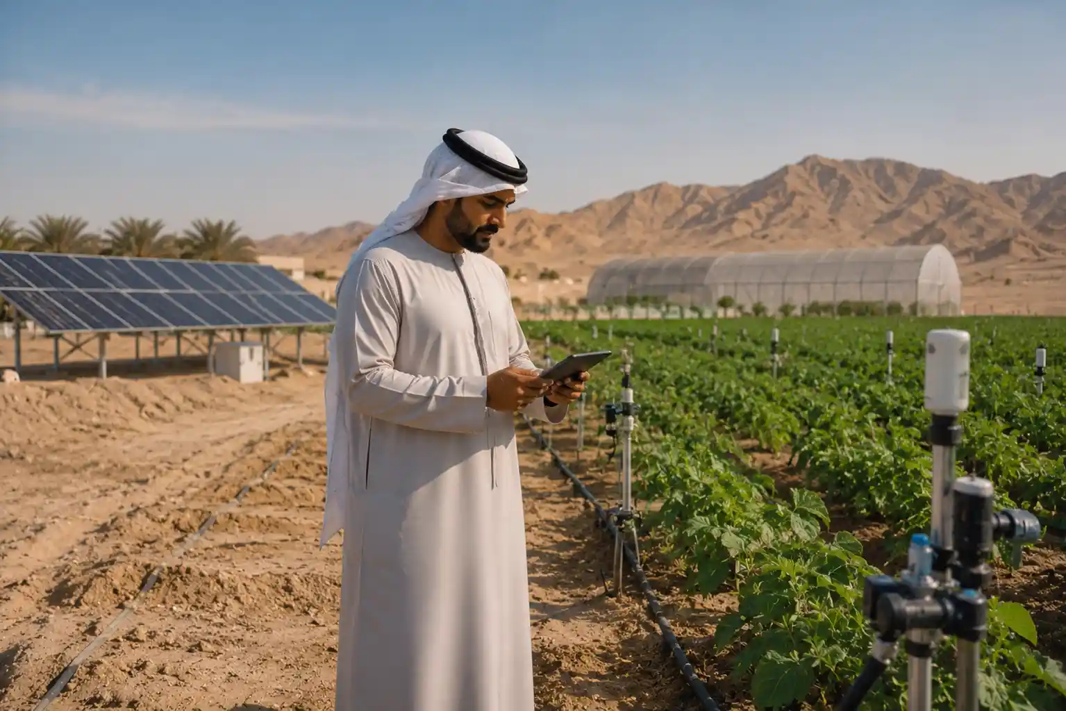 Smart irrigation technology used on modern farms in UAE desert agriculture