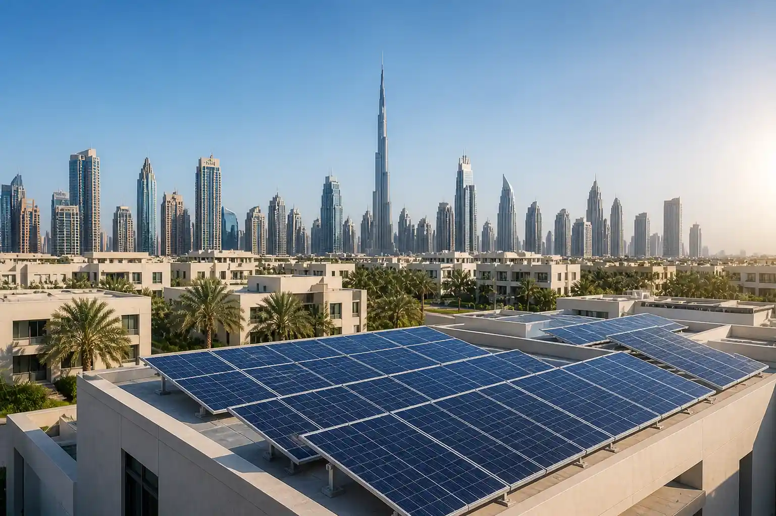 UAE city skyline with buildings using solar energy panels