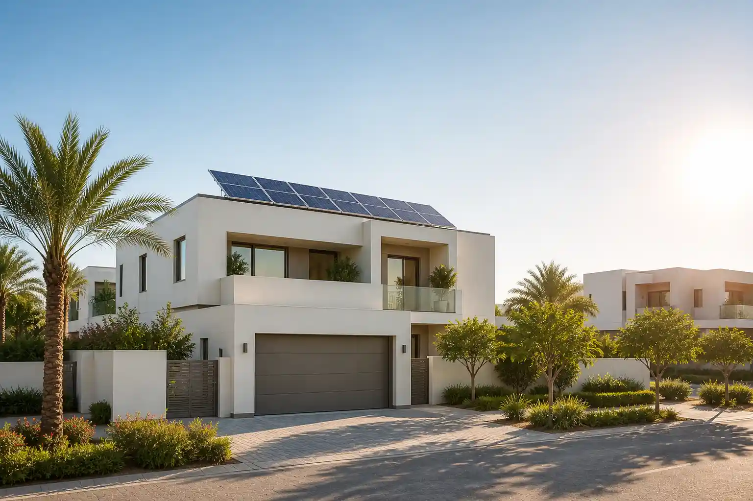 Modern UAE home with rooftop solar system generating electricity