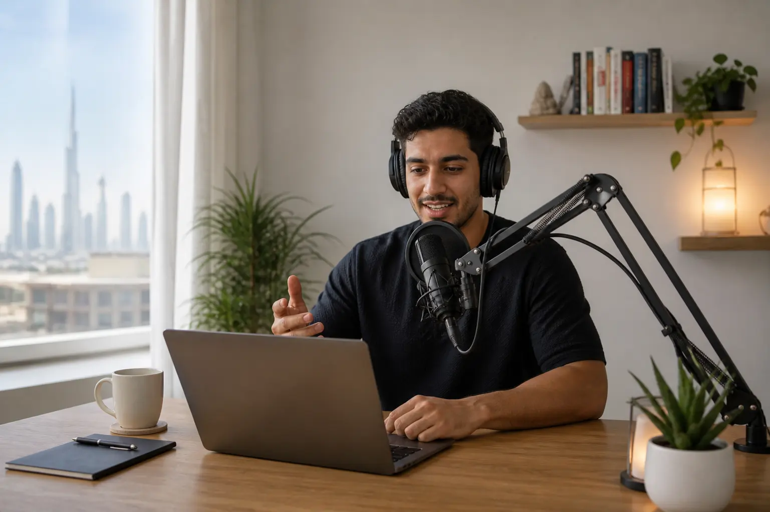 Beginner podcast setup in UAE with microphone and laptop recording audio