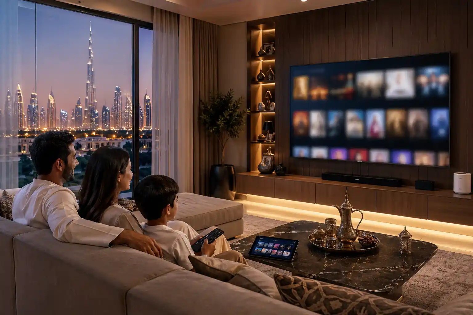Modern UAE living room with smart TV, streaming setup, tablet, remote control, and Dubai skyline in the background