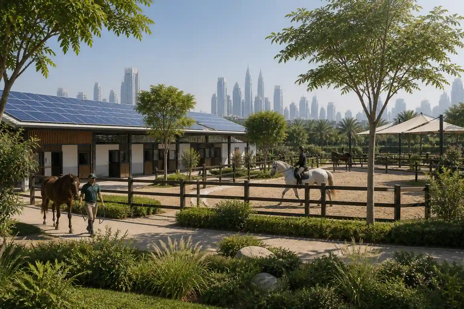 eco friendly equestrian club in Dubai with green landscape and modern sustainable stables