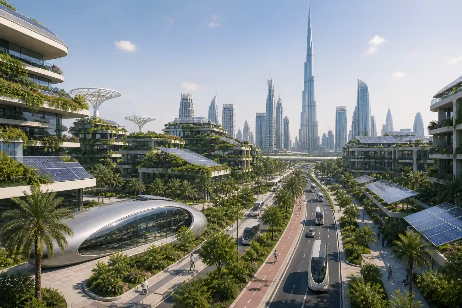 futuristic sustainable city in UAE with green buildings and eco friendly infrastructure