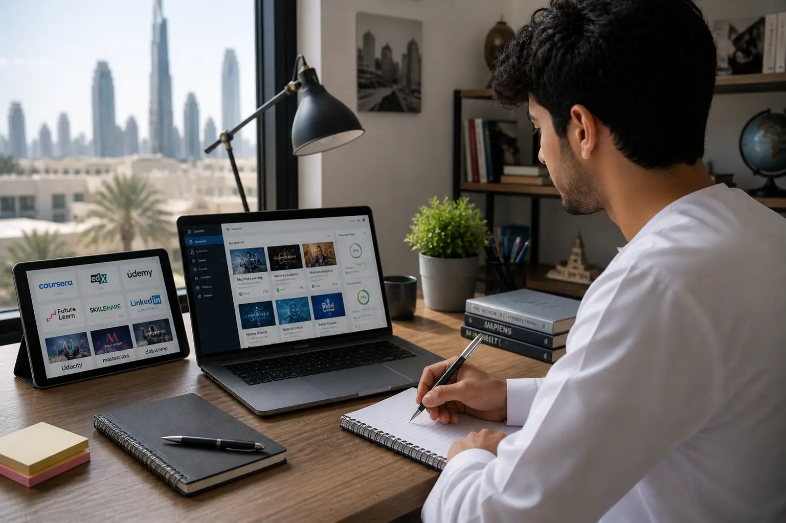Laptop showing e-learning websites with student studying online in UAE