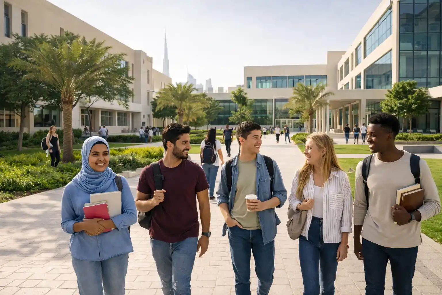Students walking in a modern UAE university campus