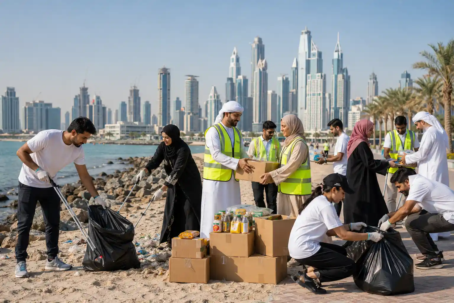 Volunteers participating in community service and charity activities in the UAE