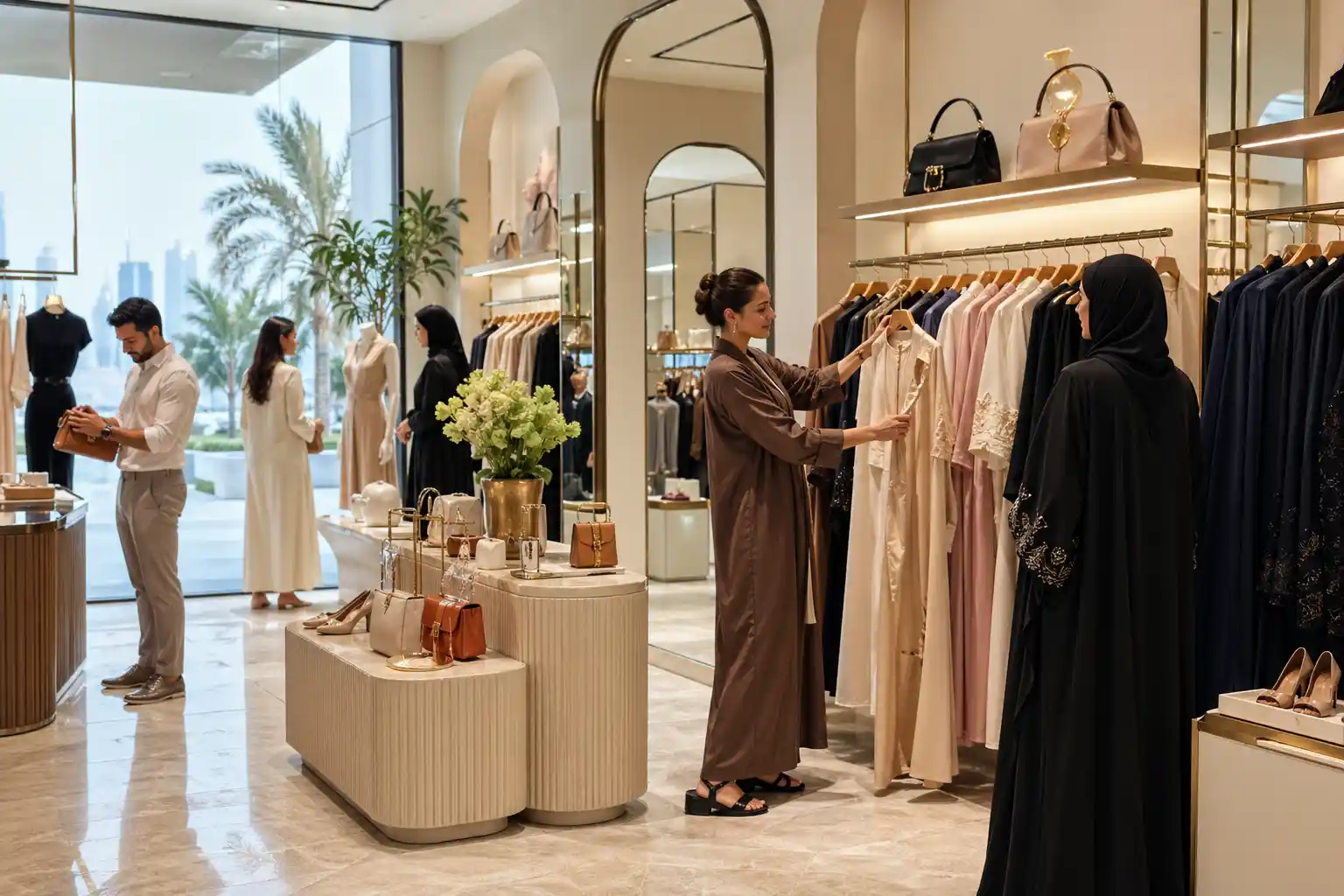 Modern UAE clothing brand boutique with fashion racks, modestwear, casual outfits, and premium accessories