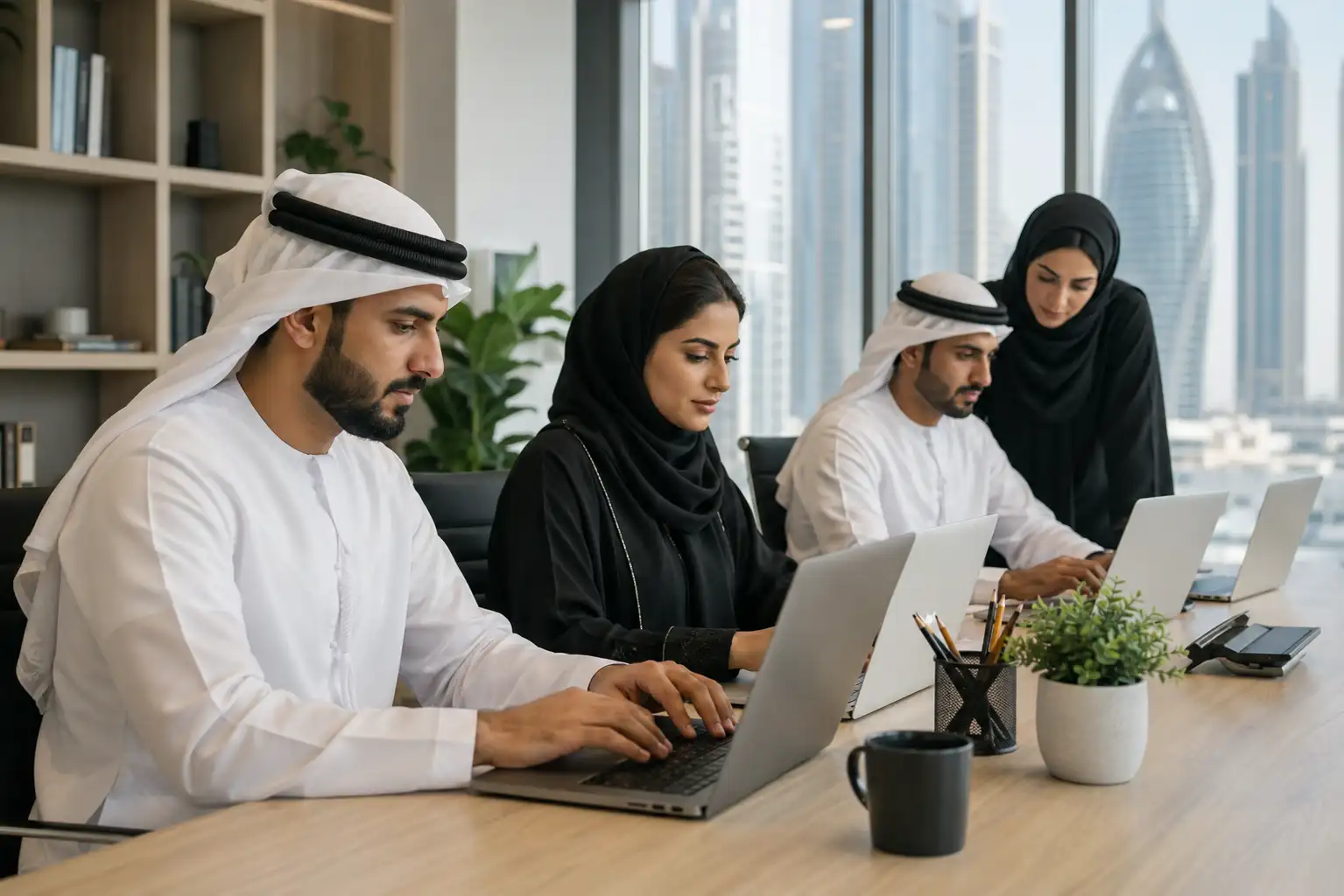 Professional content writers working in a modern Dubai office creating SEO content for UAE businesses