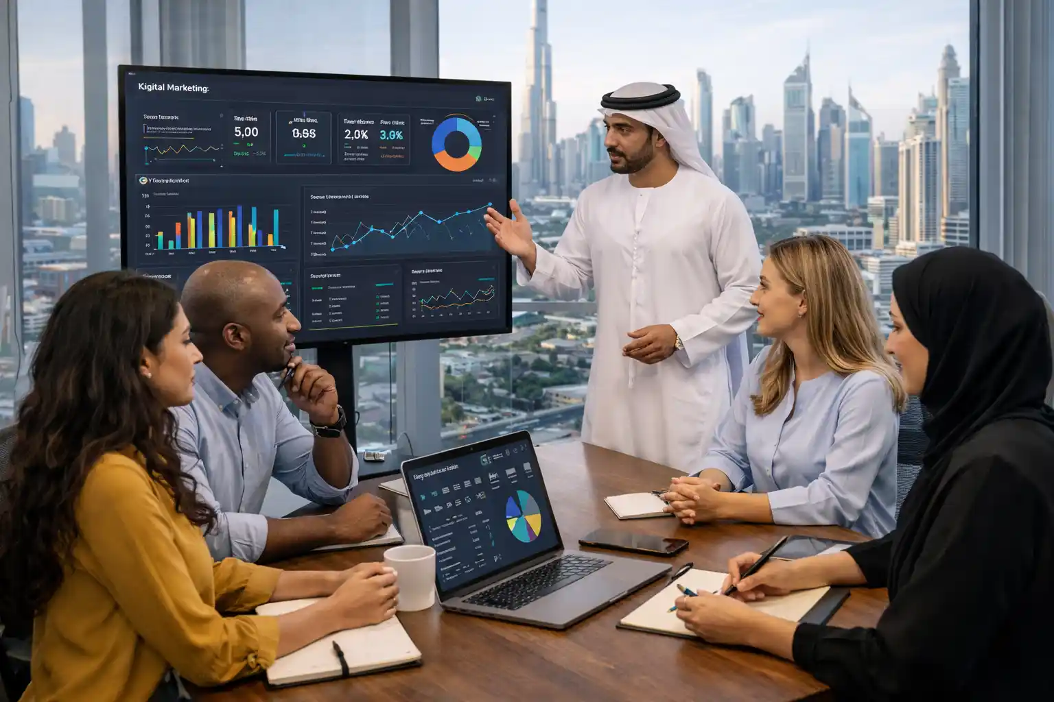 Business team discussing digital marketing strategy with agency in UAE office